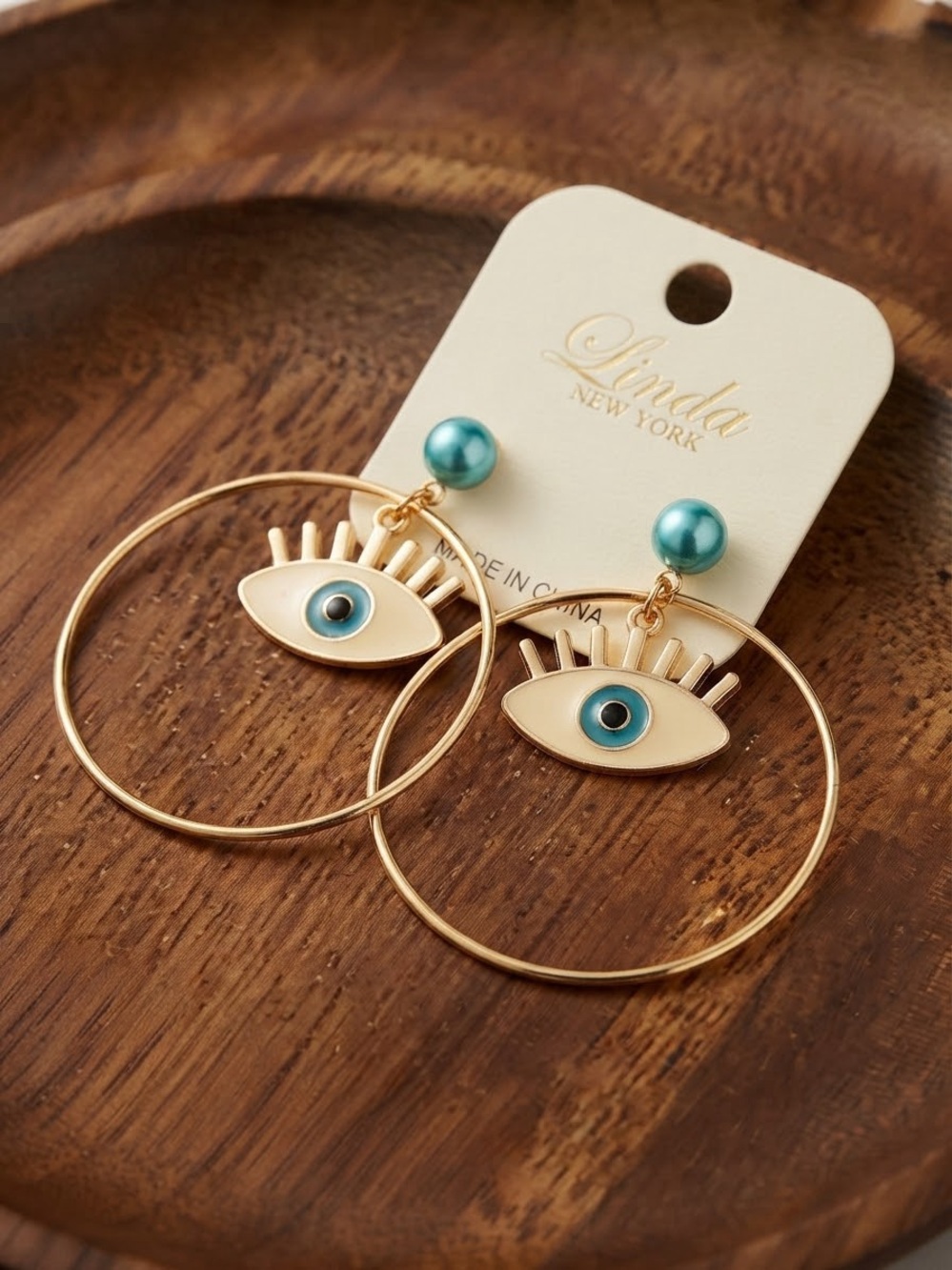 Gold Hoop Earrings with Teal Blue Eye Charm